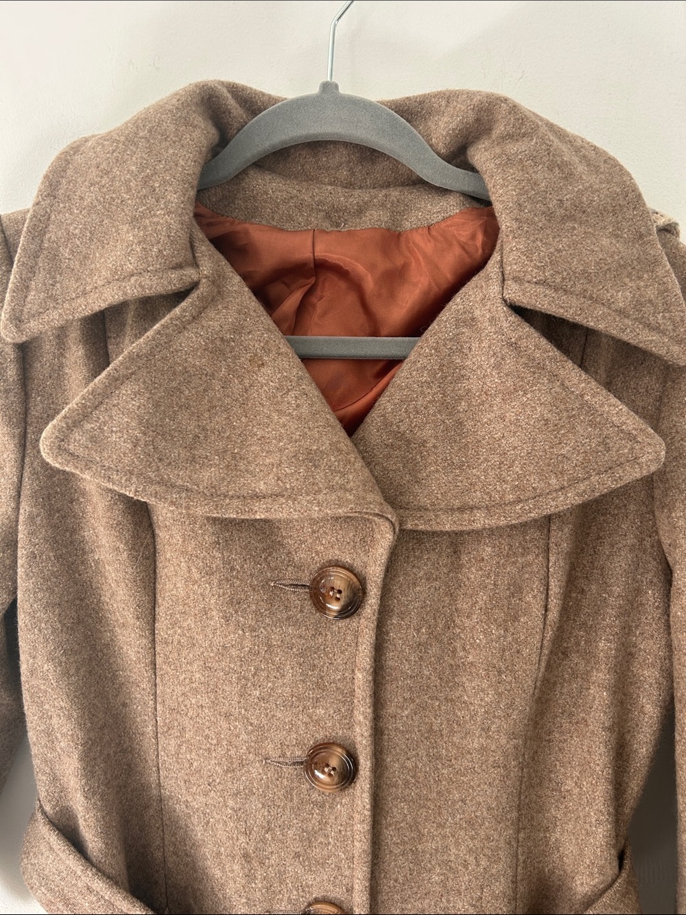 Vintage Wool Trench Coat Long Fit & Flare Belted Button Detail & Detachable Hood - Picture 2 of 16